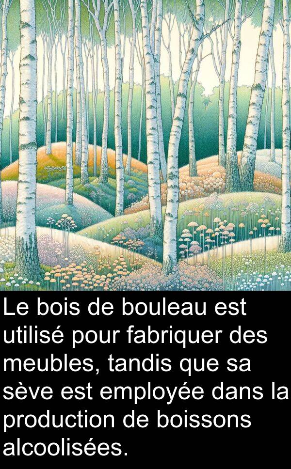 tandis: Le bois de bouleau est utilisé pour fabriquer des meubles, tandis que sa sève est employée dans la production de boissons alcoolisées.