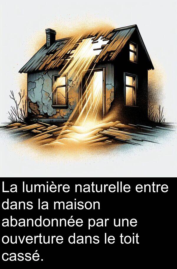 toit: La lumière naturelle entre dans la maison abandonnée par une ouverture dans le toit cassé.