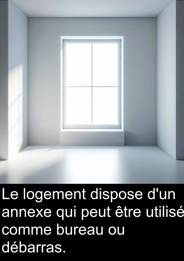 débarras: Le logement dispose d'un annexe qui peut être utilisé comme bureau ou débarras.