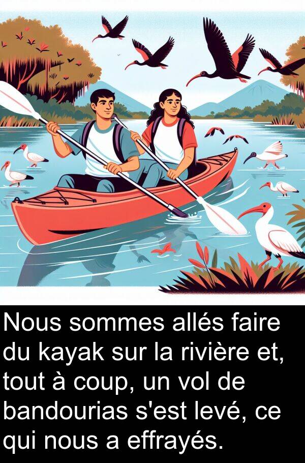 levé: Nous sommes allés faire du kayak sur la rivière et, tout à coup, un vol de bandourias s'est levé, ce qui nous a effrayés.