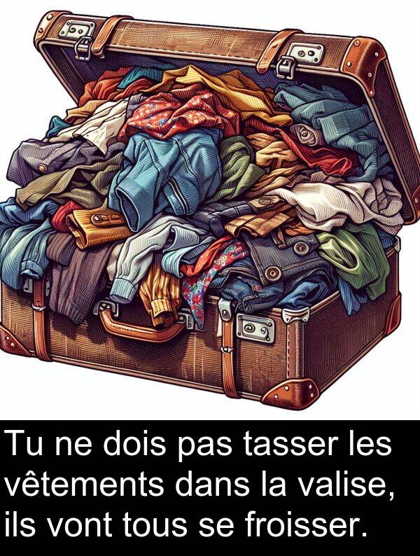 tasser: Tu ne dois pas tasser les vêtements dans la valise, ils vont tous se froisser.