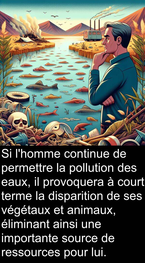 court: Si l'homme continue de permettre la pollution des eaux, il provoquera à court terme la disparition de ses végétaux et animaux, éliminant ainsi une importante source de ressources pour lui.