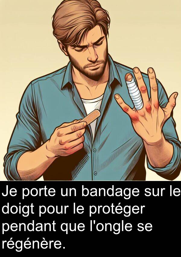 bandage: Je porte un bandage sur le doigt pour le protéger pendant que l'ongle se régénère.