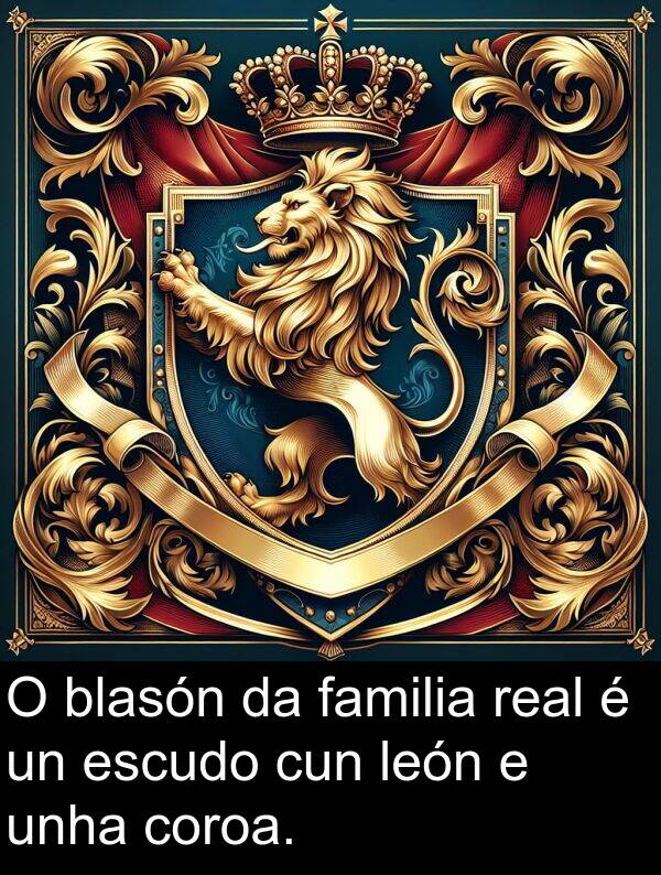 real: O blasón da familia real é un escudo cun león e unha coroa.