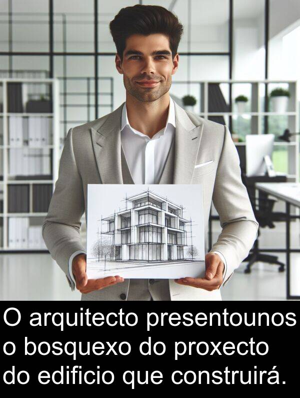 edificio: O arquitecto presentounos o bosquexo do proxecto do edificio que construirá.