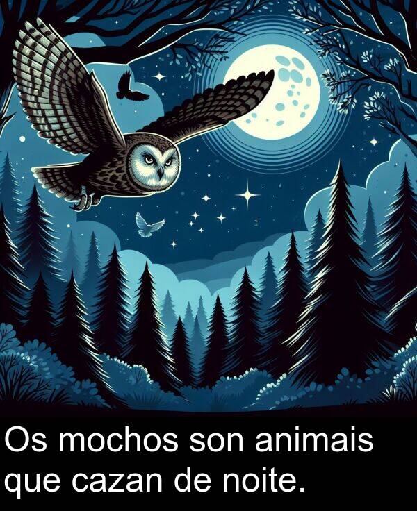 cazan: Os mochos son animais que cazan de noite.