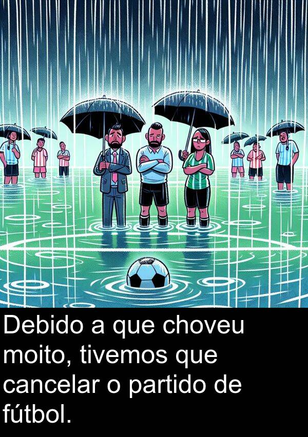 fútbol: Debido a que choveu moito, tivemos que cancelar o partido de fútbol.