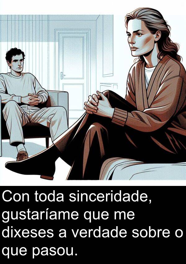 pasou: Con toda sinceridade, gustaríame que me dixeses a verdade sobre o que pasou.