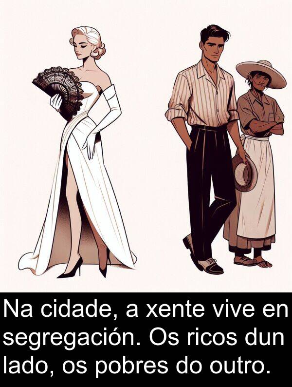 ricos: Na cidade, a xente vive en segregación. Os ricos dun lado, os pobres do outro.