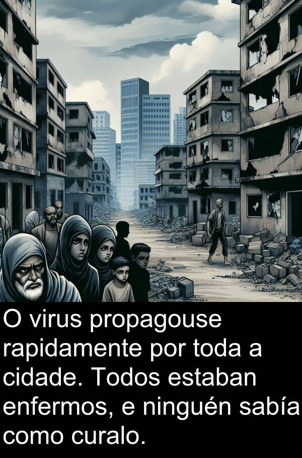 rapidamente: O virus propagouse rapidamente por toda a cidade. Todos estaban enfermos, e ninguén sabía como curalo.