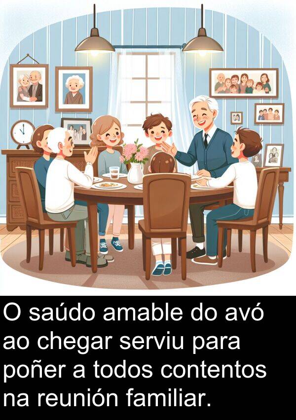 reunión: O saúdo amable do avó ao chegar serviu para poñer a todos contentos na reunión familiar.