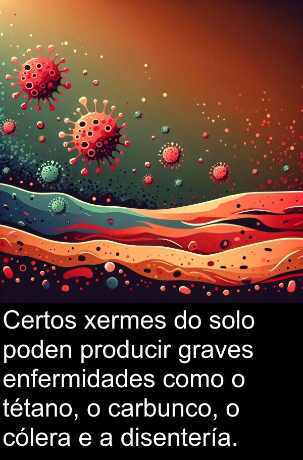 enfermidades: Certos xermes do solo poden producir graves enfermidades como o tétano, o carbunco, o cólera e a disentería.