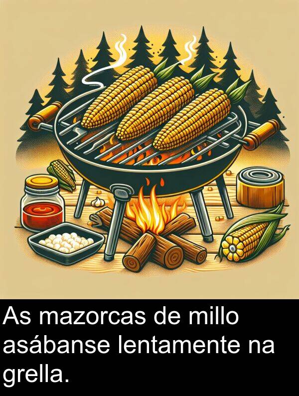 mazorcas: As mazorcas de millo asábanse lentamente na grella.