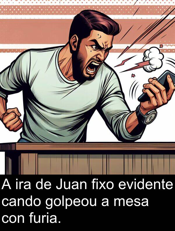 furia: A ira de Juan fixo evidente cando golpeou a mesa con furia.
