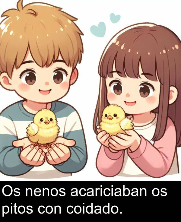 acariciaban: Os nenos acariciaban os pitos con coidado.