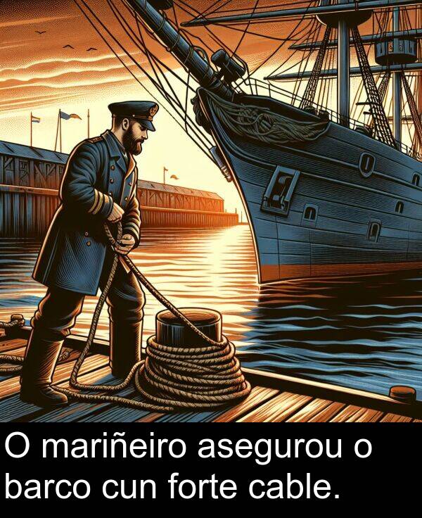 forte: O mariñeiro asegurou o barco cun forte cable.