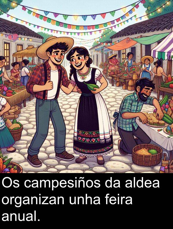 feira: Os campesiños da aldea organizan unha feira anual.