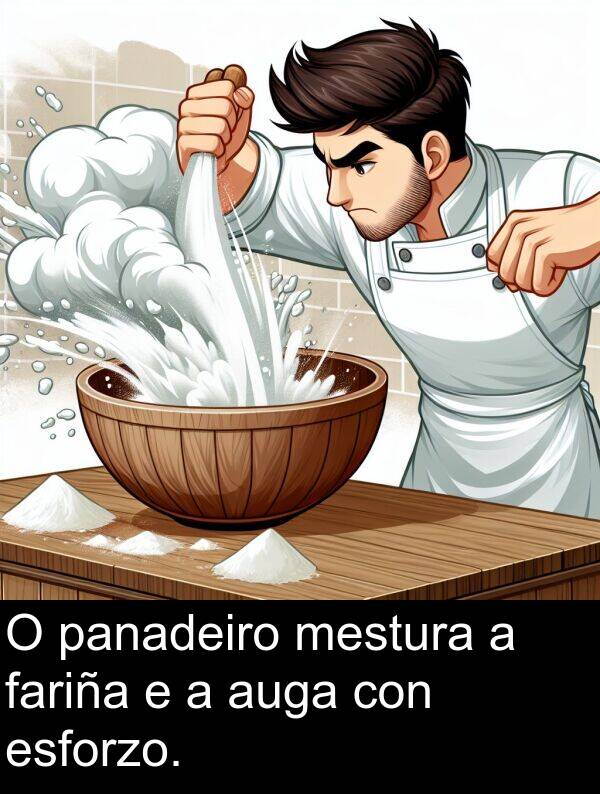 esforzo: O panadeiro mestura a fariña e a auga con esforzo.