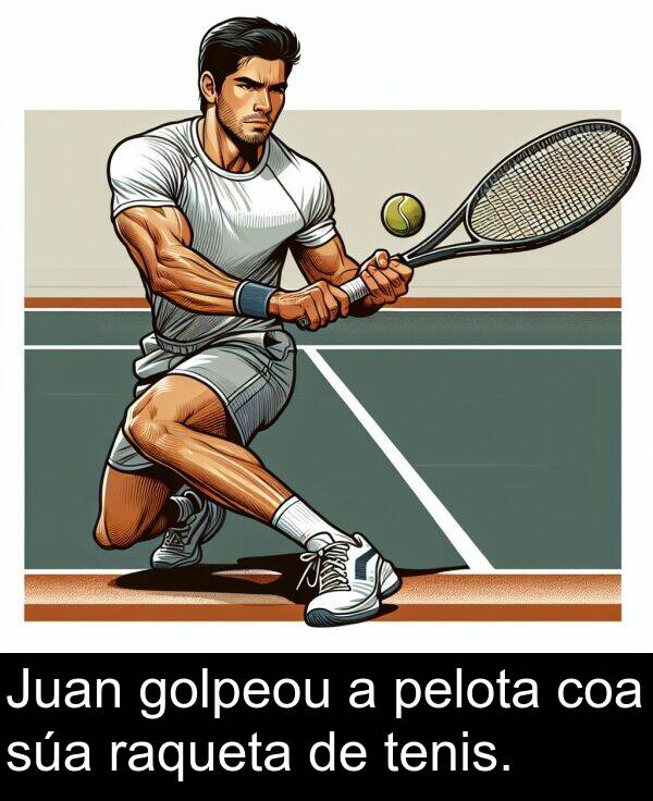 raqueta: Juan golpeou a pelota coa súa raqueta de tenis.