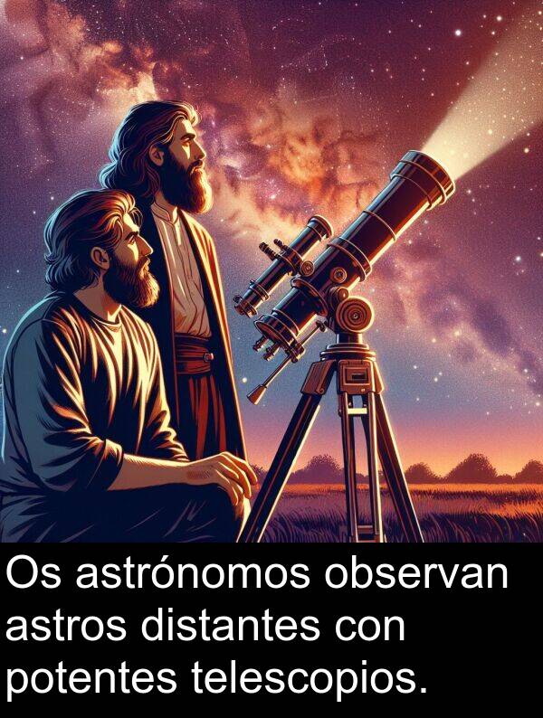 observan: Os astrónomos observan astros distantes con potentes telescopios.
