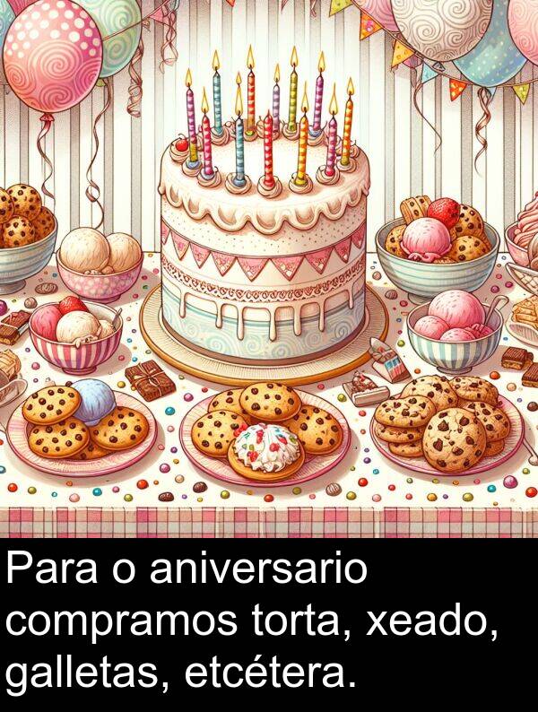 etcétera: Para o aniversario compramos torta, xeado, galletas, etcétera.
