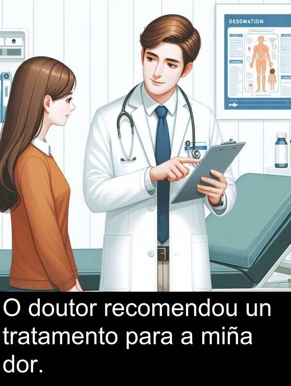recomendou: O doutor recomendou un tratamento para a miña dor.