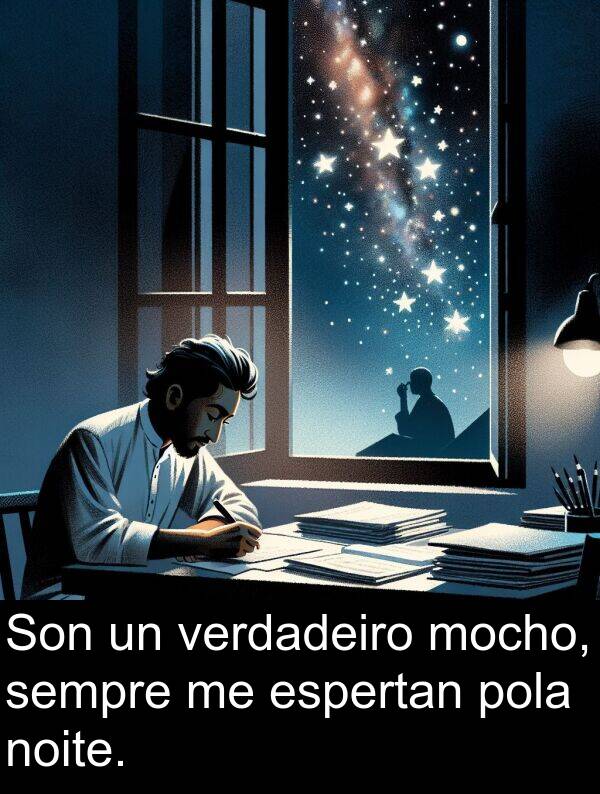 espertan: Son un verdadeiro mocho, sempre me espertan pola noite.