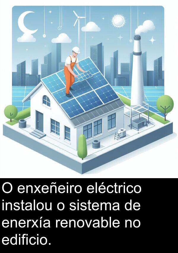 renovable: O enxeñeiro eléctrico instalou o sistema de enerxía renovable no edificio.