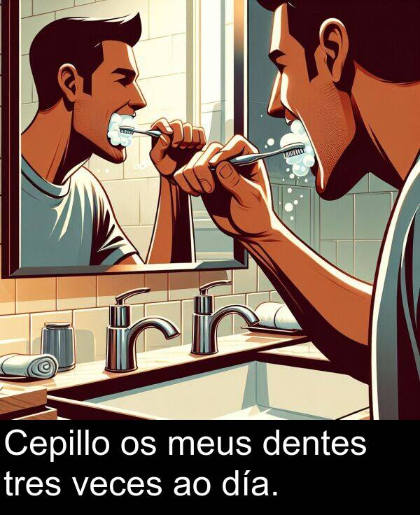 día: Cepillo os meus dentes tres veces ao día.