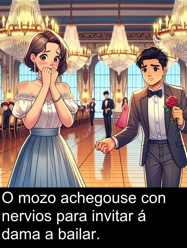 achegouse: O mozo achegouse con nervios para invitar á dama a bailar.