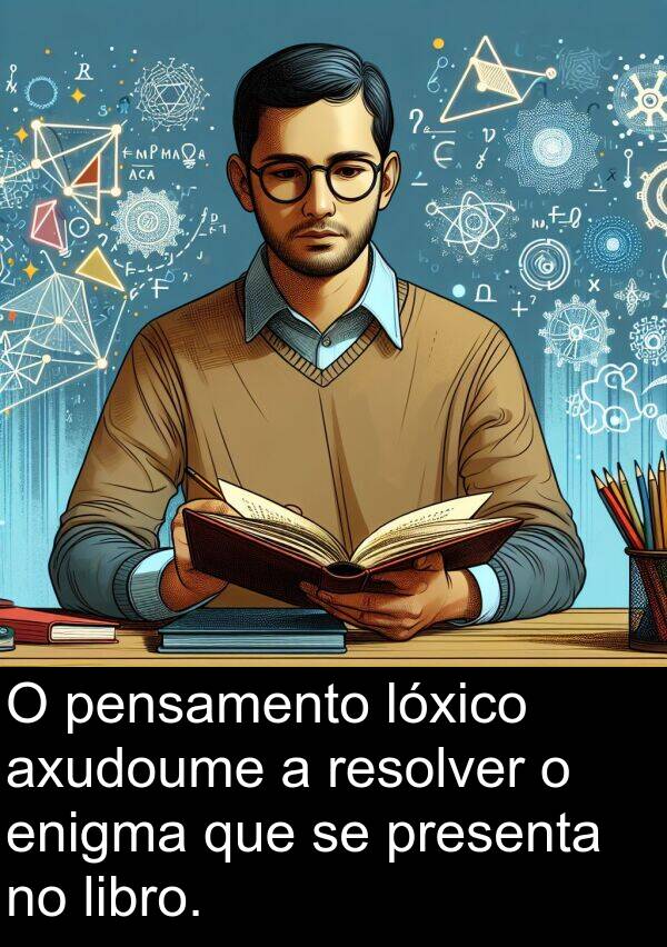 resolver: O pensamento lóxico axudoume a resolver o enigma que se presenta no libro.