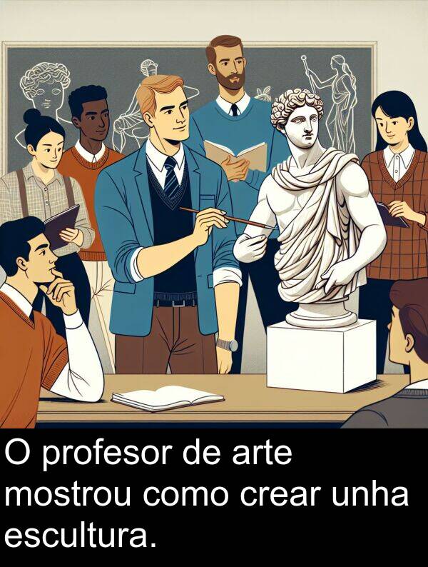profesor: O profesor de arte mostrou como crear unha escultura.