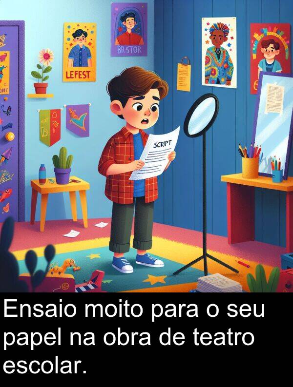 teatro: Ensaio moito para o seu papel na obra de teatro escolar.