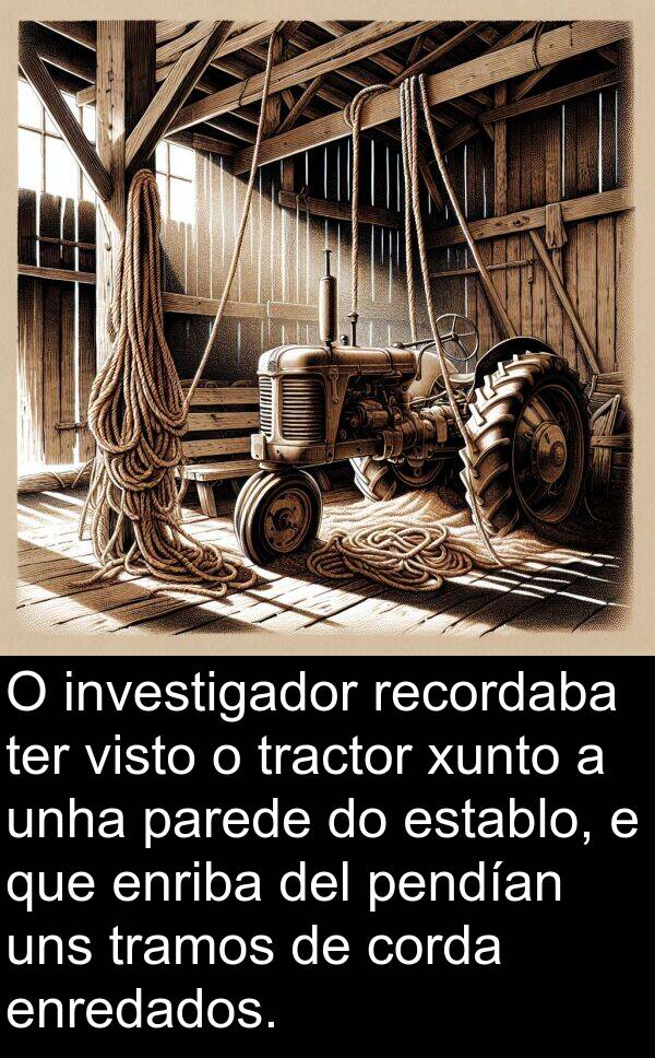 tractor: O investigador recordaba ter visto o tractor xunto a unha parede do establo, e que enriba del pendían uns tramos de corda enredados.