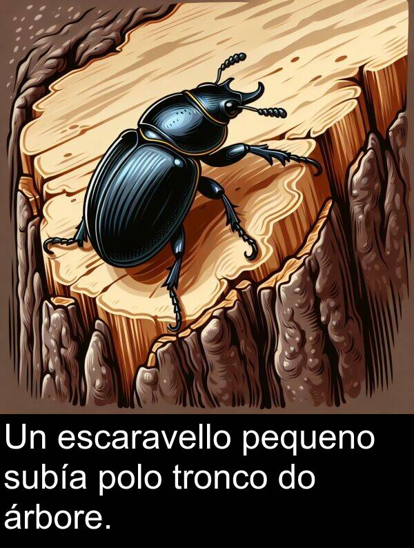 escaravello: Un escaravello pequeno subía polo tronco do árbore.