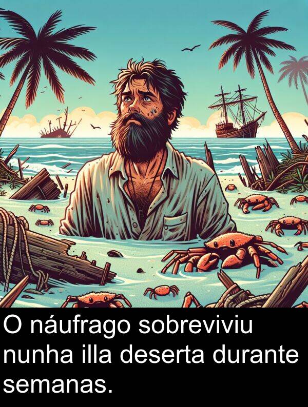 durante: O náufrago sobreviviu nunha illa deserta durante semanas.
