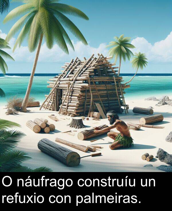 construíu: O náufrago construíu un refuxio con palmeiras.