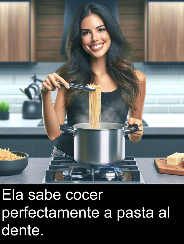 perfectamente: Ela sabe cocer perfectamente a pasta al dente.