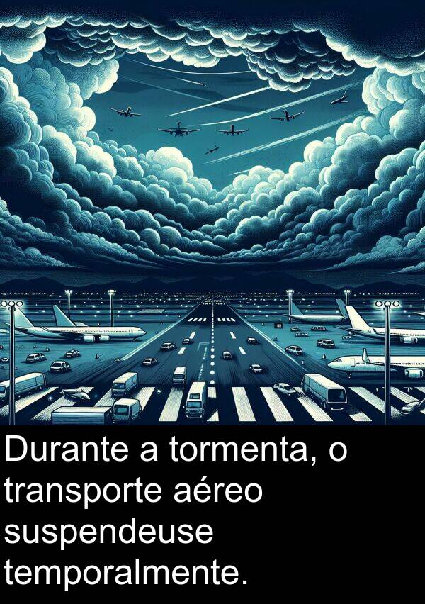 tormenta: Durante a tormenta, o transporte aéreo suspendeuse temporalmente.