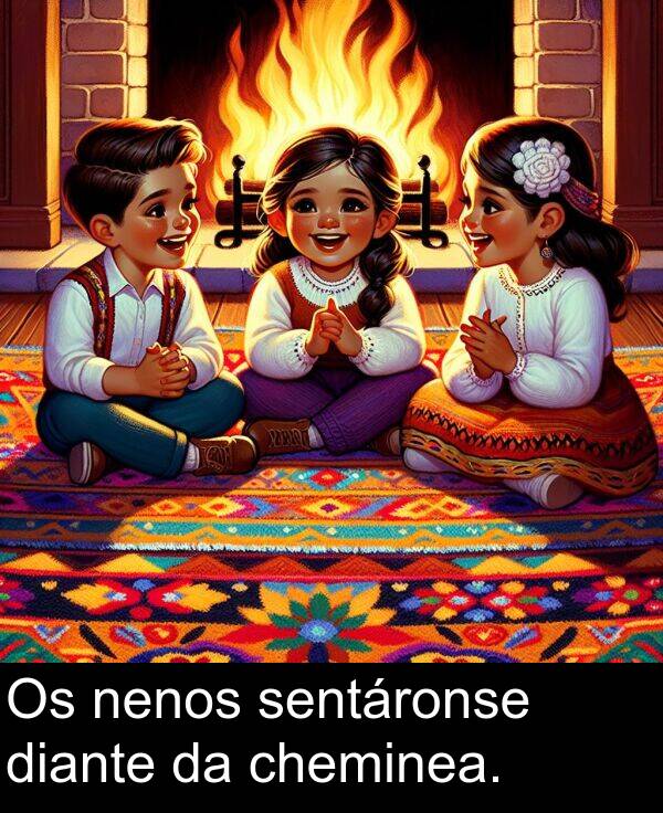diante: Os nenos sentáronse diante da cheminea.