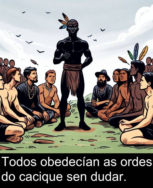 sen: Todos obedecían as ordes do cacique sen dudar.