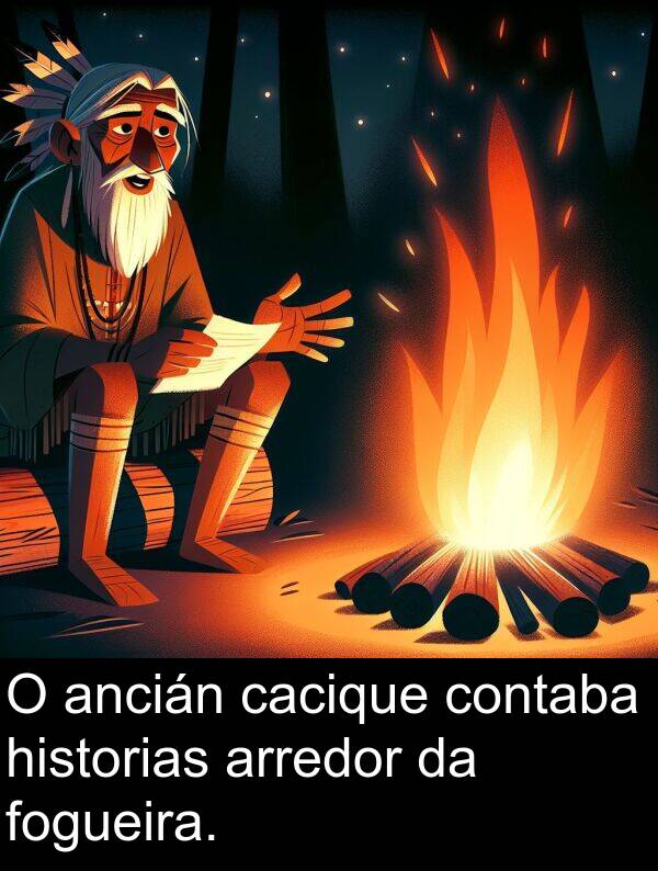 arredor: O ancián cacique contaba historias arredor da fogueira.