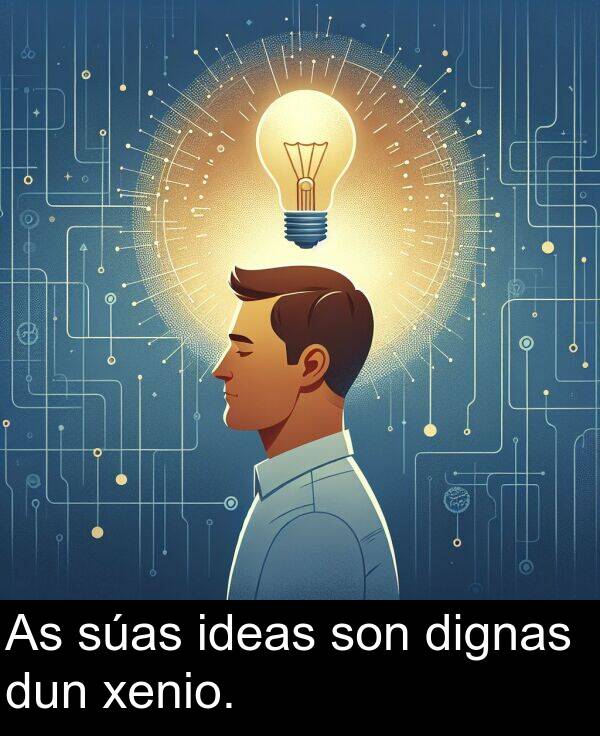dun: As súas ideas son dignas dun xenio.