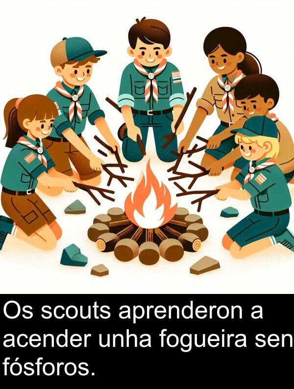 fósforos: Os scouts aprenderon a acender unha fogueira sen fósforos.