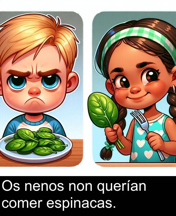espinacas: Os nenos non querían comer espinacas.