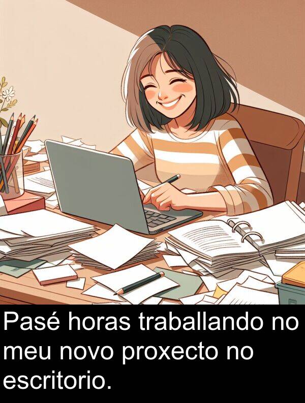 escritorio: Pasé horas traballando no meu novo proxecto no escritorio.