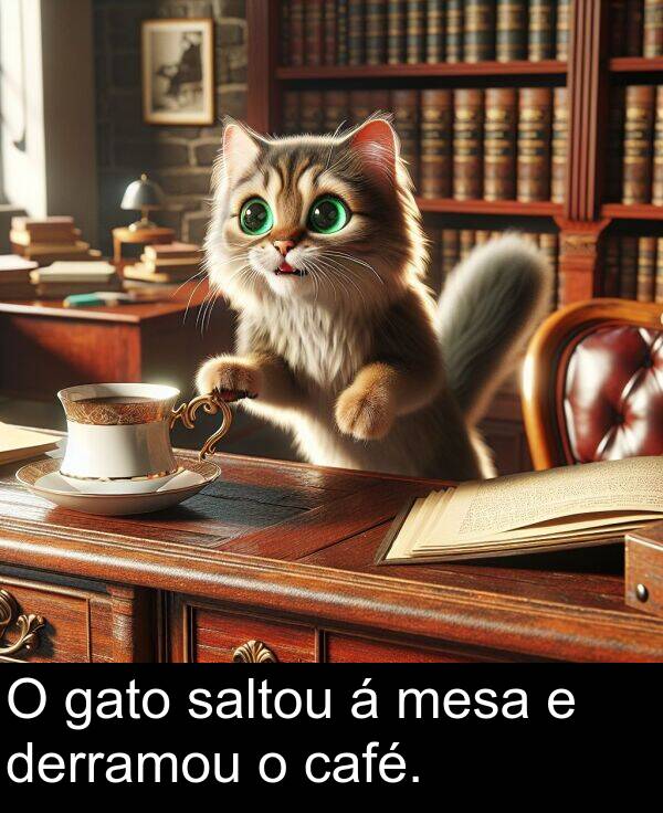 mesa: O gato saltou á mesa e derramou o café.