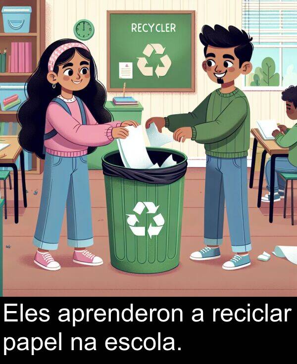 reciclar: Eles aprenderon a reciclar papel na escola.