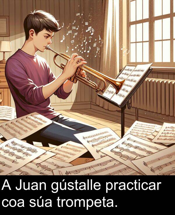 trompeta: A Juan gústalle practicar coa súa trompeta.