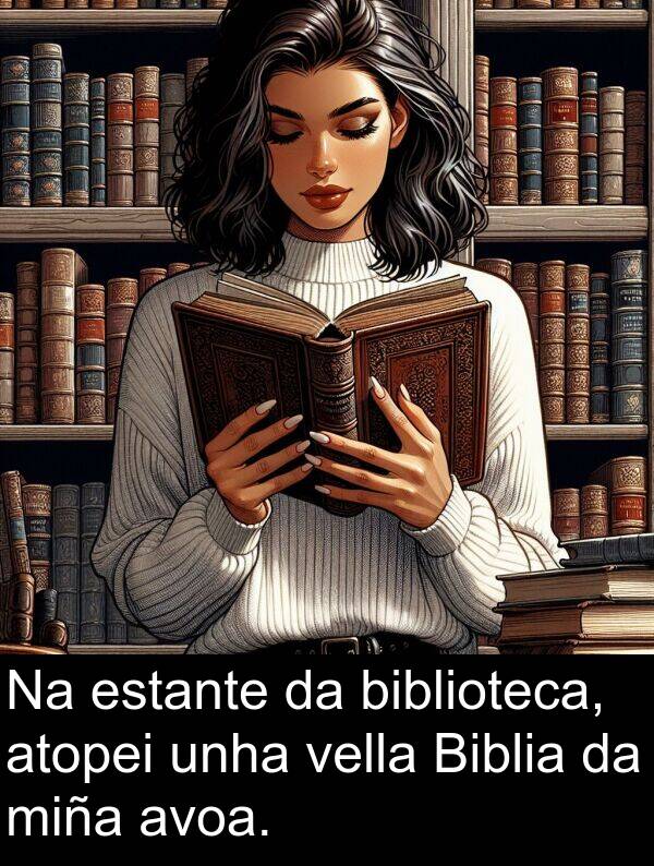 estante: Na estante da biblioteca, atopei unha vella Biblia da miña avoa.